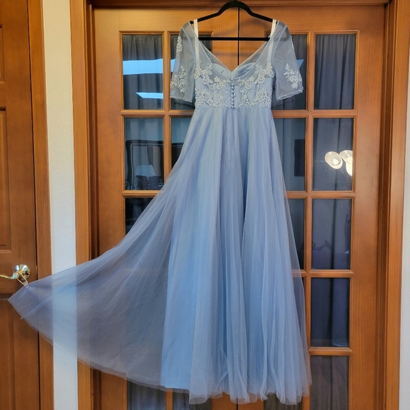 Azazie "Brenda" Long Tulle/Lace Dress in Dusty Blue Custom Sz 4/6 - Picture 6 of 16